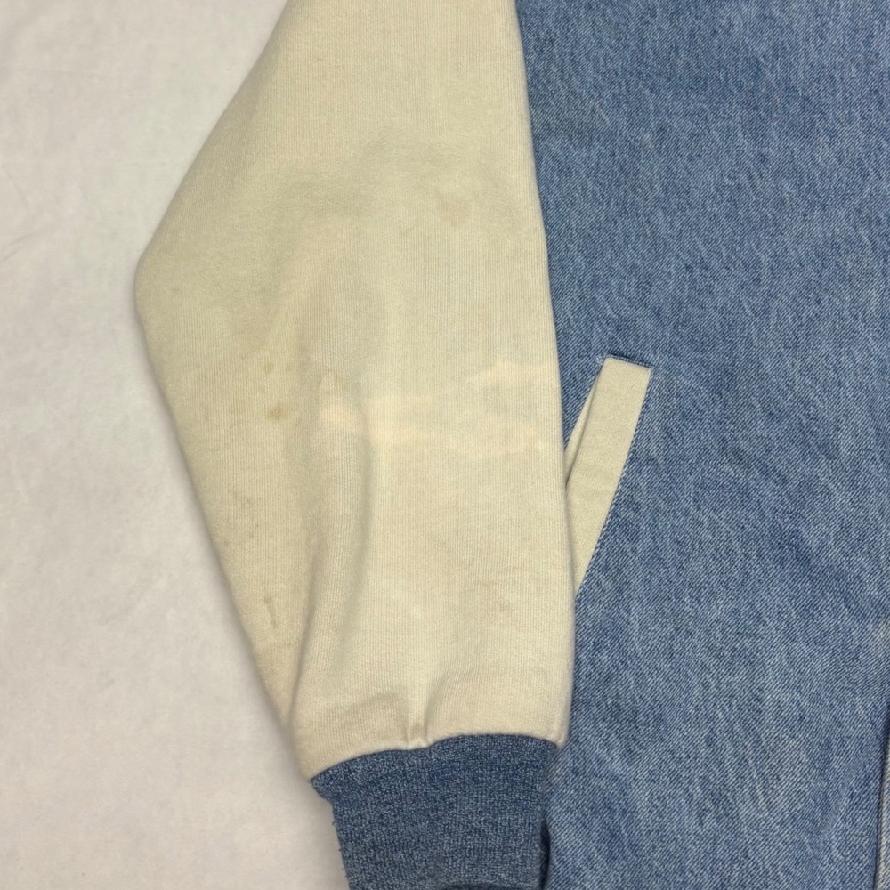 Vintage Nike Denim Varsity Jacket Blue Cream Mens Large Snap Front 90s Sport - Picture 4 of 7